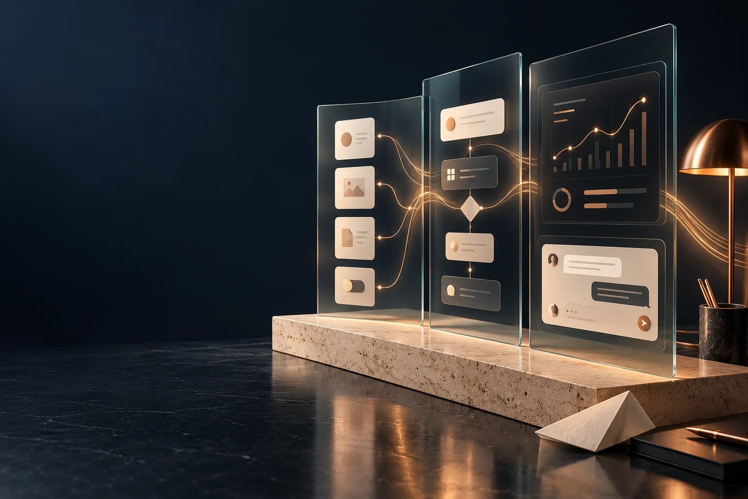 Original digital workspace, hospitality, mobility and AI editorial artwork