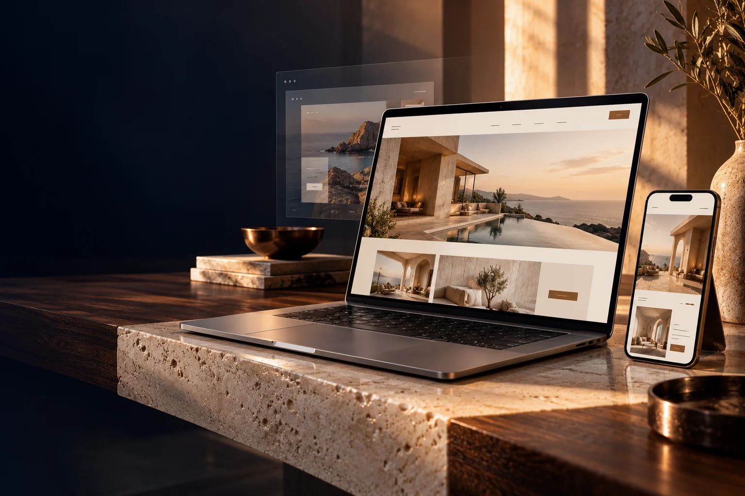 Original digital workspace, hospitality, mobility and AI editorial artwork