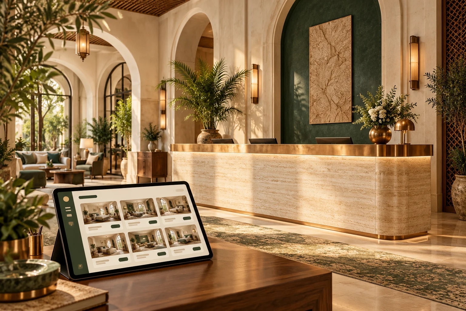 Illustrative hotel reception and connected hospitality software